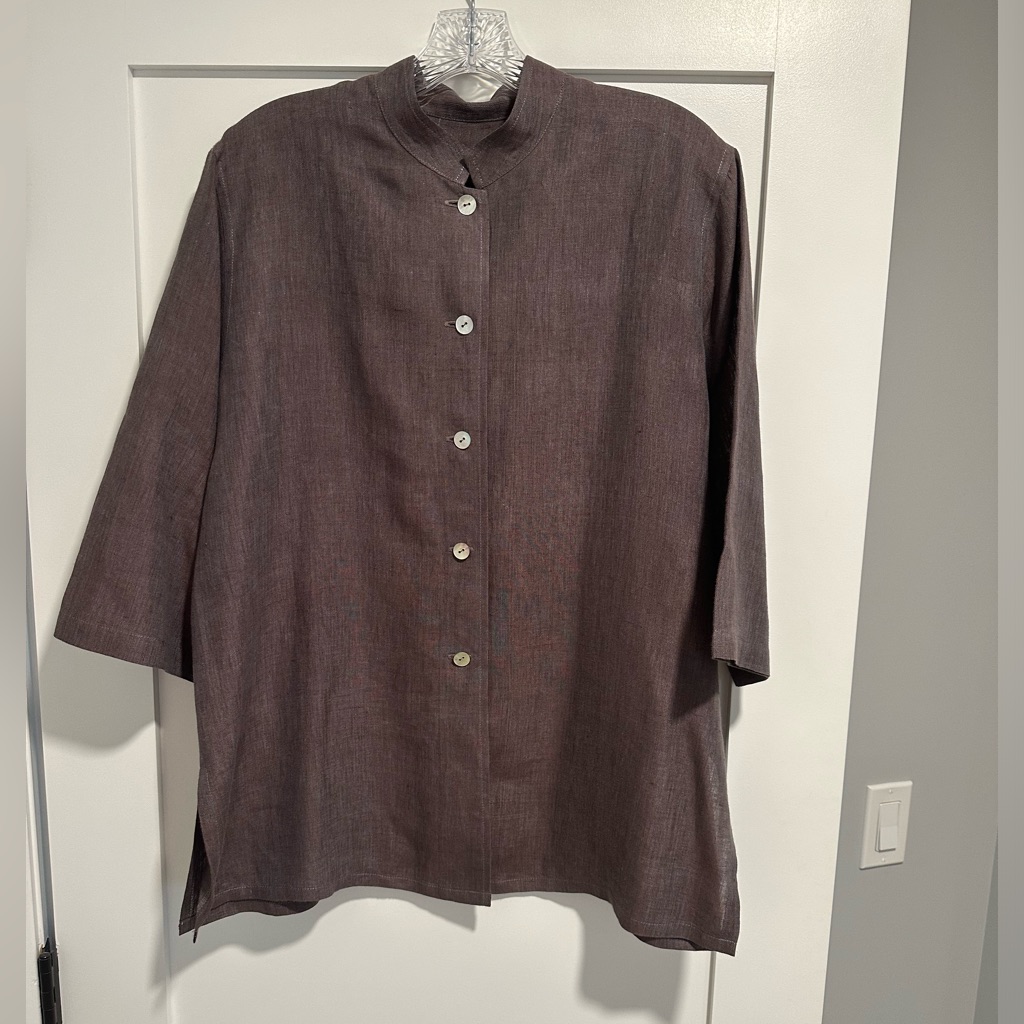 Kimina Linen Shirt (Brownish Grey) Mandarin Button Up Shirt, Size Large Nwot